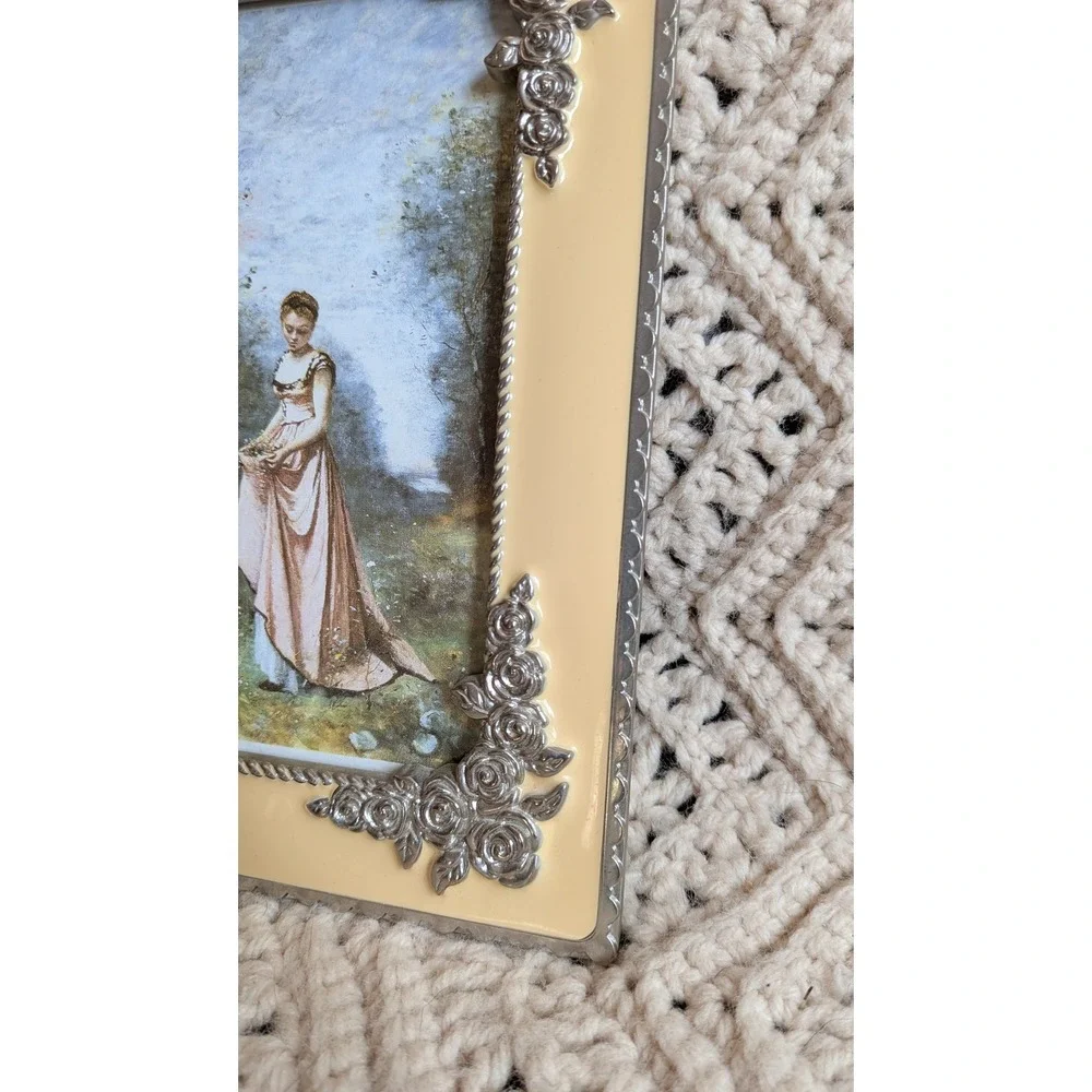 Vintage Enamel Rose Picture Frame 5x7 Silver Tone Floral Cream Yellow Scalloped